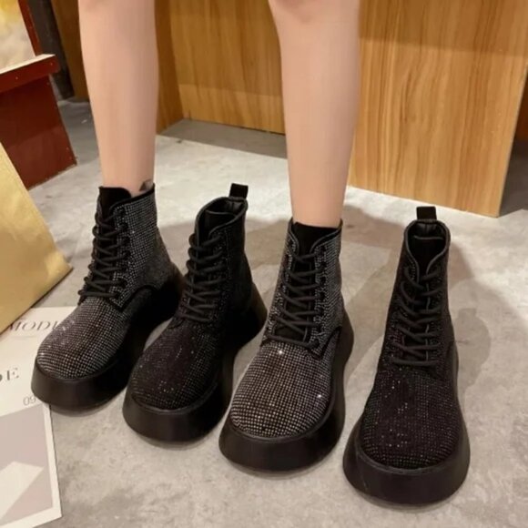 NEW BLACK SPARKLY LACE UP COMBAT BOOTS - Picture 4 of 6
